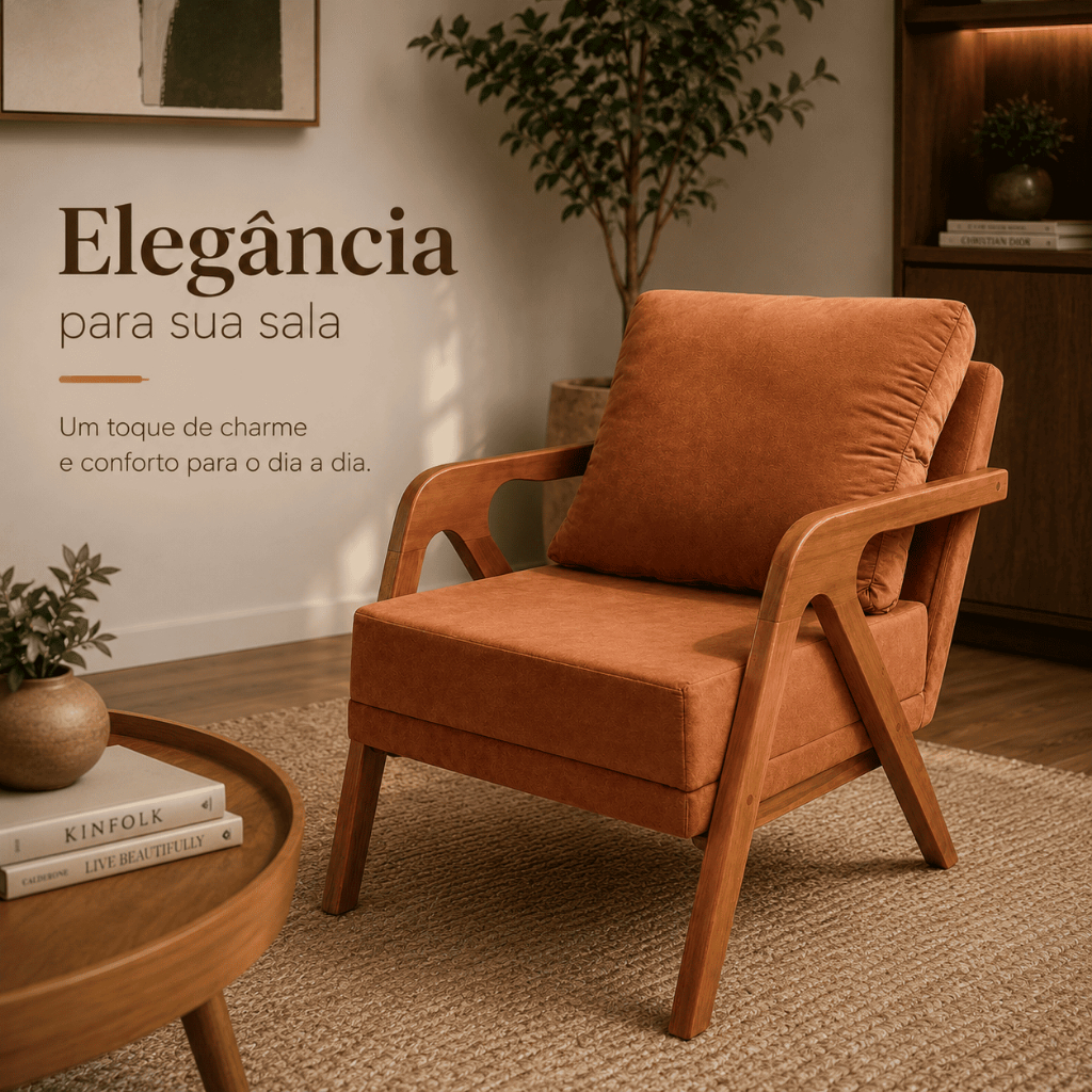 Poltrona Mona terracota em ambiente acolhedor